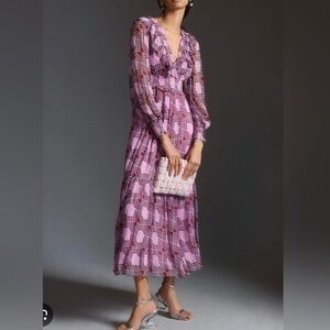 Anthropologie Odetta Pink Flowy Long Sleeve Maxi Dress, size medium petite